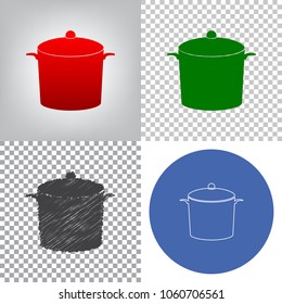 Pan sign. Vector. 4 styles. Red gradient in radial lighted background, green flat and gray scribble icons on transparent and linear one in blue circle.
