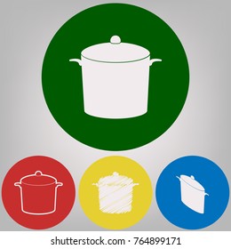 Pan sign. Vector. 4 white styles of icon at 4 colored circles on light gray background.