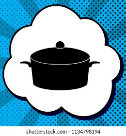 Pan sign. Vector. Black icon in bubble on blue pop-art background with rays.