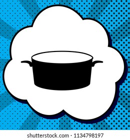 Pan sign. Vector. Black icon in bubble on blue pop-art background with rays.