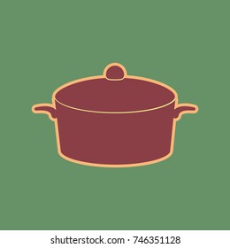 Pan sign. Vector. Cordovan icon and mellow apricot halo with light khaki filled space at russian green background.