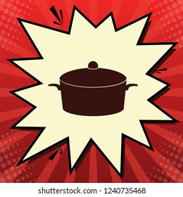 Pan sign. Vector. Dark red icon in lemon chiffon shutter bubble at red popart background with rays.