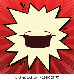 Pan sign. Vector. Dark red icon in lemon chiffon shutter bubble at red popart background with rays.