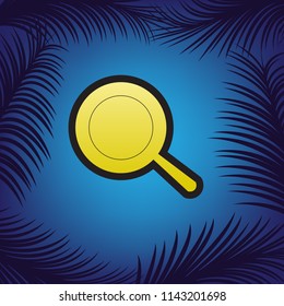 Pan sign. Vector. Golden icon with black contour at blue background with branches of palm trees.