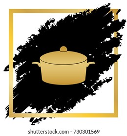Pan sign. Vector. Golden icon at black spot inside golden frame on white background.