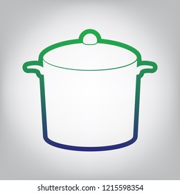 Pan sign. Vector. Green to blue gradient contour icon at grayish background with light in center.