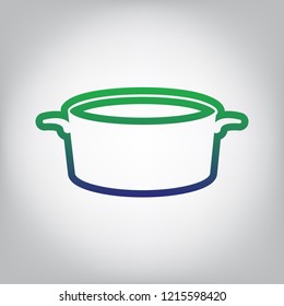 Pan sign. Vector. Green to blue gradient contour icon at grayish background with light in center.
