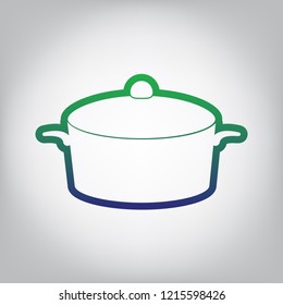 Pan sign. Vector. Green to blue gradient contour icon at grayish background with light in center.