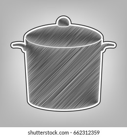 Pan sign. Vector. Pencil sketch imitation. Dark gray scribble icon with dark gray outer contour at gray background.