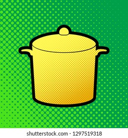 Pan sign. Vector. Pop art orange to yellow dots-gradient icon with black contour at greenish background.