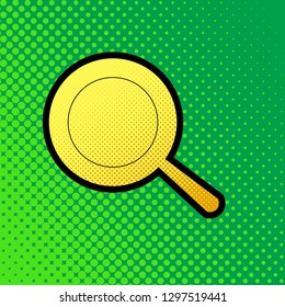 Pan sign. Vector. Pop art orange to yellow dots-gradient icon with black contour at greenish background.