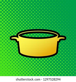 Pan sign. Vector. Pop art orange to yellow dots-gradient icon with black contour at greenish background.