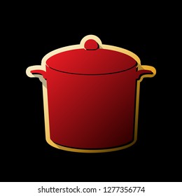 Pan sign. Vector. Red icon with small black and limitless shadows at golden sticker on black background.