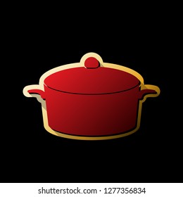 Pan sign. Vector. Red icon with small black and limitless shadows at golden sticker on black background.