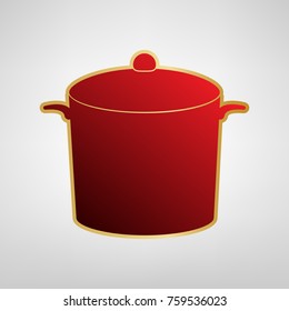 Pan sign. Vector. Red icon on gold sticker at light gray background.