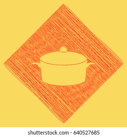 Pan sign. Vector. Red scribble icon obtained as a result of subtraction rhomb and path. Royal yellow background.