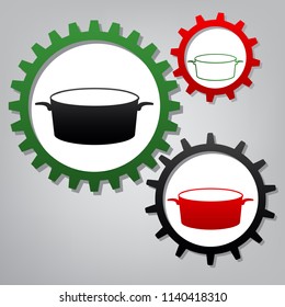 Pan sign. Vector. Three connected gears with icons at grayish background.