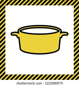 Pan sign. Vector. Warm yellow icon with black contour in frame named as under construction at white background. Isolated.