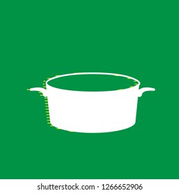 Pan sign. Vector. White flat icon with yellow striped shadow at green background.