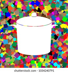 Pan sign. Vector. White icon on colorful background with seamless pattern from squares.