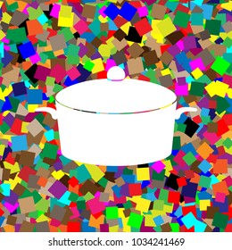 Pan sign. Vector. White icon on colorful background with seamless pattern from squares.