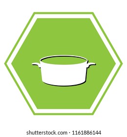 Pan sign. Vector. White icon with black shadow at yellow green honeycomb on white background.