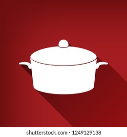 Pan sign. Vector. White icon with limitless shadow at ruby red background.