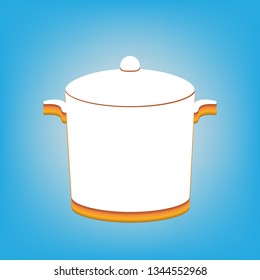 Pan sign. Vector. White icon with 3d warm-colored gradient body at sky blue background.