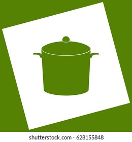 Pan sign. Vector. White icon obtained as a result of subtraction rotated square and path. Avocado background.