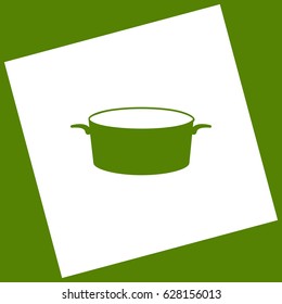 Pan sign. Vector. White icon obtained as a result of subtraction rotated square and path. Avocado background.
