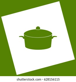 Pan sign. Vector. White icon obtained as a result of subtraction rotated square and path. Avocado background.