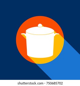 Pan sign. Vector. White icon on tangelo circle with infinite shadow of light at cool   background. Selective yellow and bright navy blue are produced.