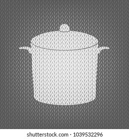Pan sign. Vector. White knitted icon on gray knitted background. Isolated.