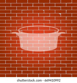 Pan sign. Vector. Whitish icon on brick wall as background.