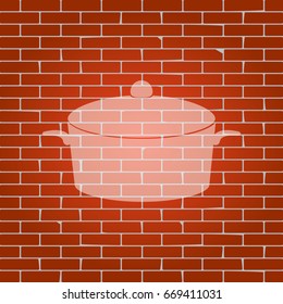 Pan sign. Vector. Whitish icon on brick wall as background.