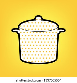 Pan sign. Vector. Yellow polka dot white icon with black contour at warm yellow background.