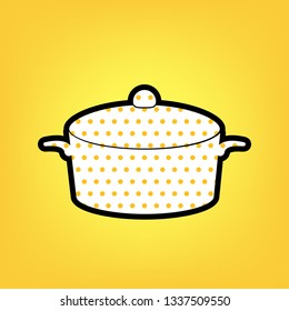 Pan sign. Vector. Yellow polka dot white icon with black contour at warm yellow background.