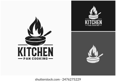 Sartén Cocina Cocina Hierro Fundido Fuego Caliente Llama Rústica Antiguas Vector Logo Diseño Ilustración