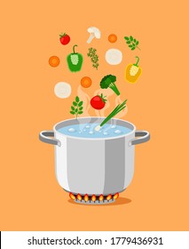 Pan with soup. Cartoon pot with boiling water and cooking ingredients, gas flaming burner for high temperature, vector illustration objects for kitchen