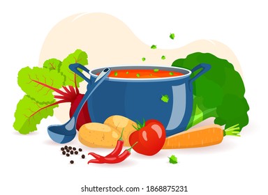 Pan with soup, ladle and vegetables. Recipes, homemade food, food preparation concept. Isolated vector illustration for flyer, poster, banner.