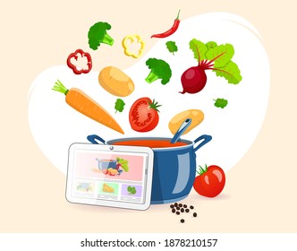 Pan with soup, Vegetables flying, Laptop with recipe site on the screen. Recipes, homemade food, food preparation concept. Isolated vector illustration for poster, banner, flyer.