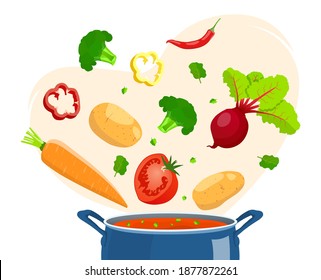 Pan with soup and Vegetables flying. Recipes, homemade food, food preparation concept. Isolated vector illustration for poster, banner, flyer.