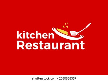 Vector de diseño del logotipo de cocina y cocina en pan y espátula. Ilustración del logotipo del restaurante. logotipo de herramientas de juego de cocina	