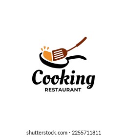 Pan and spatula kitchen and cooking logo design vector. Restaurant logo illustration. kitchen set tools logo vector