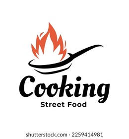 Pan and spatula kitchen and cooking logo design vector. Restaurant logo illustration. kitchen set tools logo vector