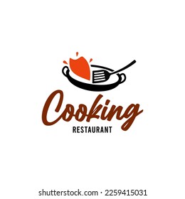 Pan and spatula kitchen and cooking logo design vector. Restaurant logo illustration. kitchen set tools logo vector