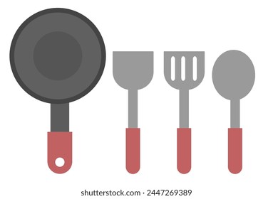 Pan, spatula and ladle equipment.Kitchen elements.Kitchenware for cooking.Flat design for restaurant.Dinner cookware.Recipe or menu.Sign, symbol, icon or logo isolated.Cartoon vector illustration.