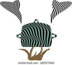 pan steam and fire in op art style objects on white background cooking concept