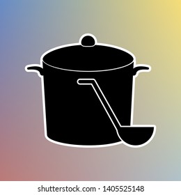 Pan with steam sign. Black icon in white shell at pastel color background. Illustration.