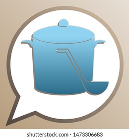 Pan with steam sign. Bright cerulean icon in white speech balloon at pale taupe background. Illustration.